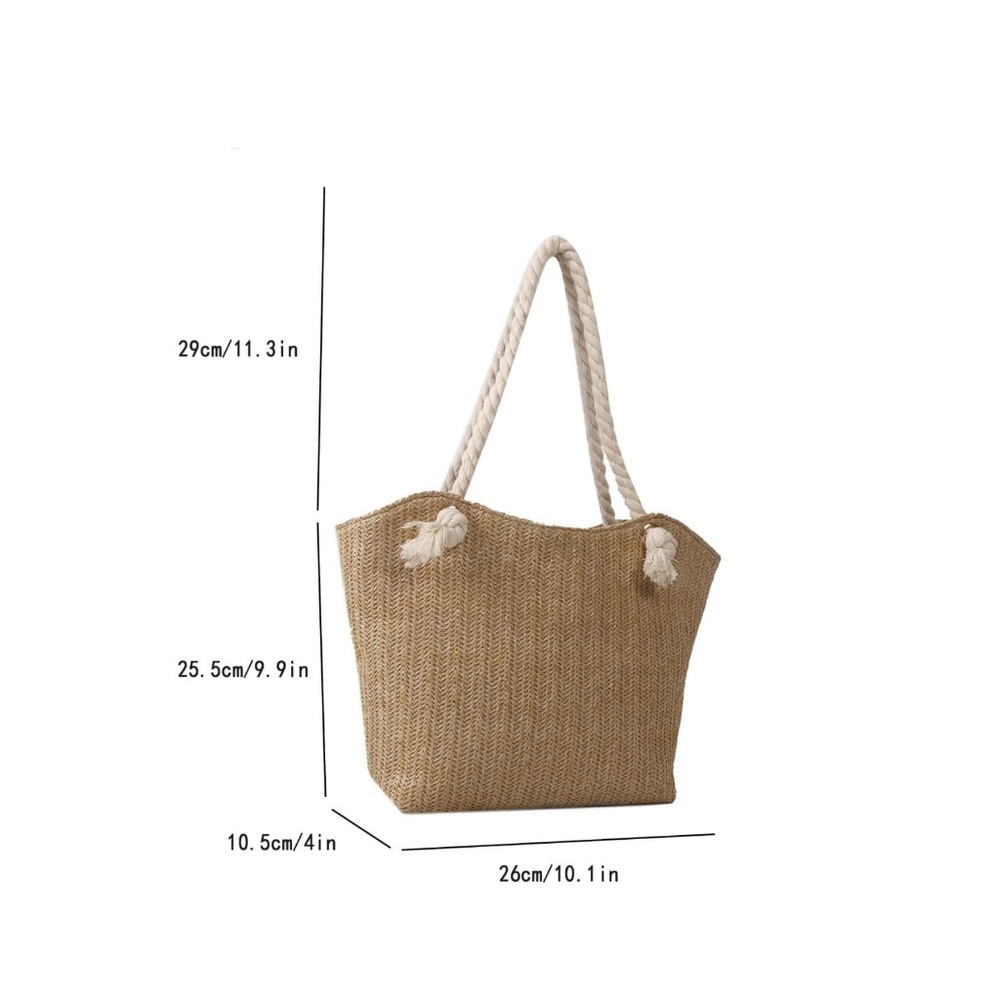Medium Tote Straw Bag Khaki Beige Lined Rope Handles Beach Summer - Picture 8 of 8